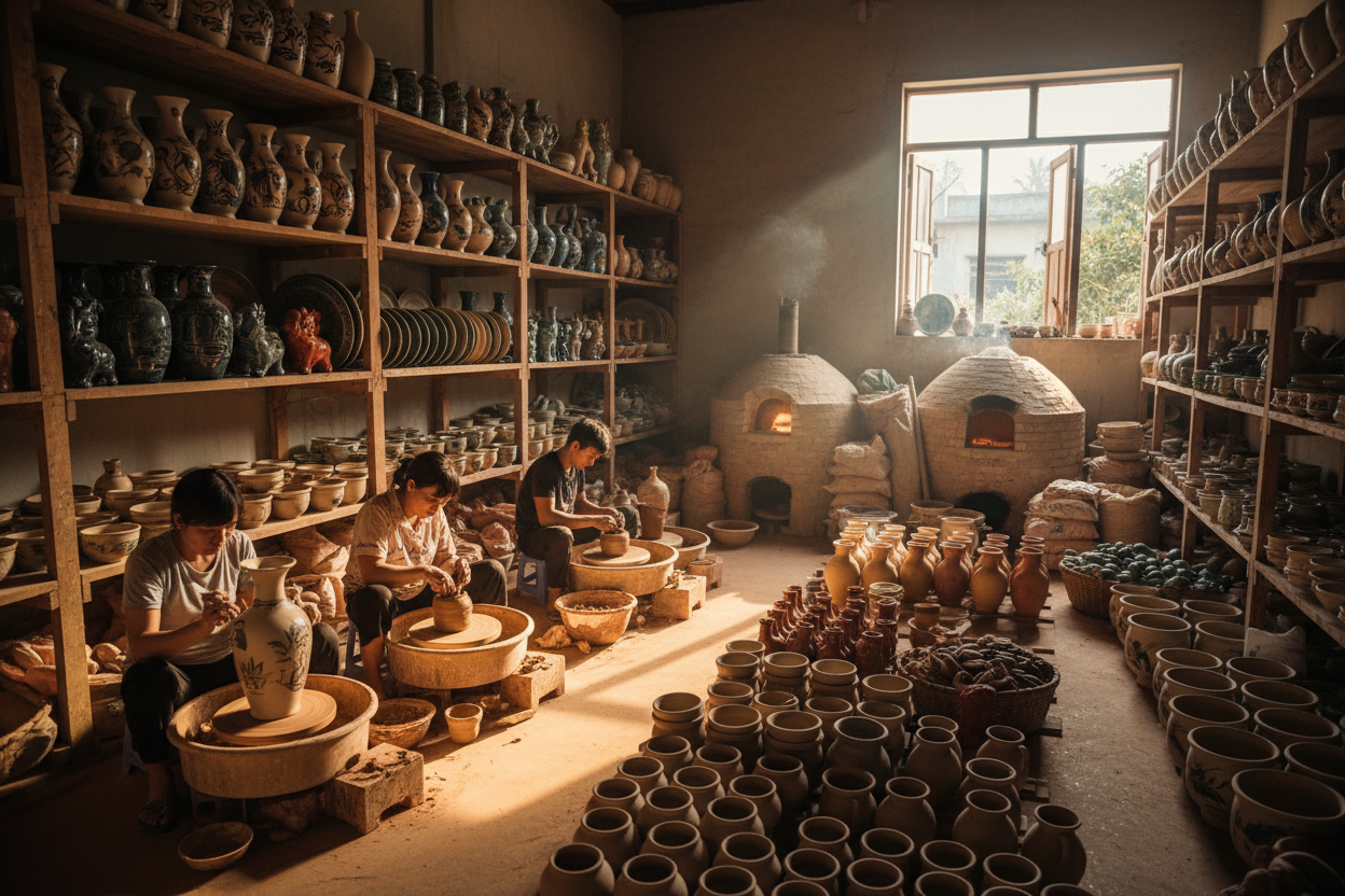 tạo 1 hình ảnh lòa sản xuất gốm với nhiều sản phẩm 